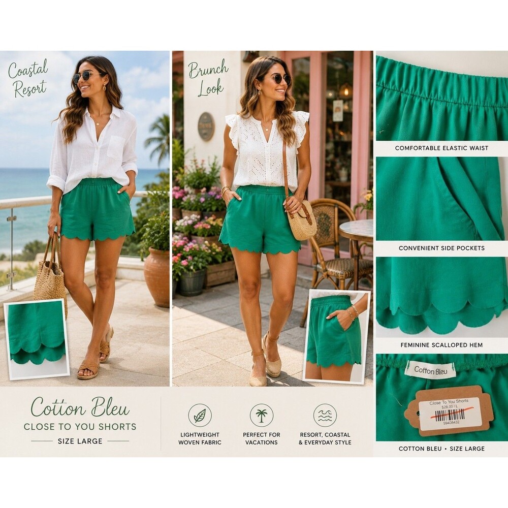 Cotton Bleu Women L Green Scalloped Shorts Resortwear Coastal Summer Flowy Cute